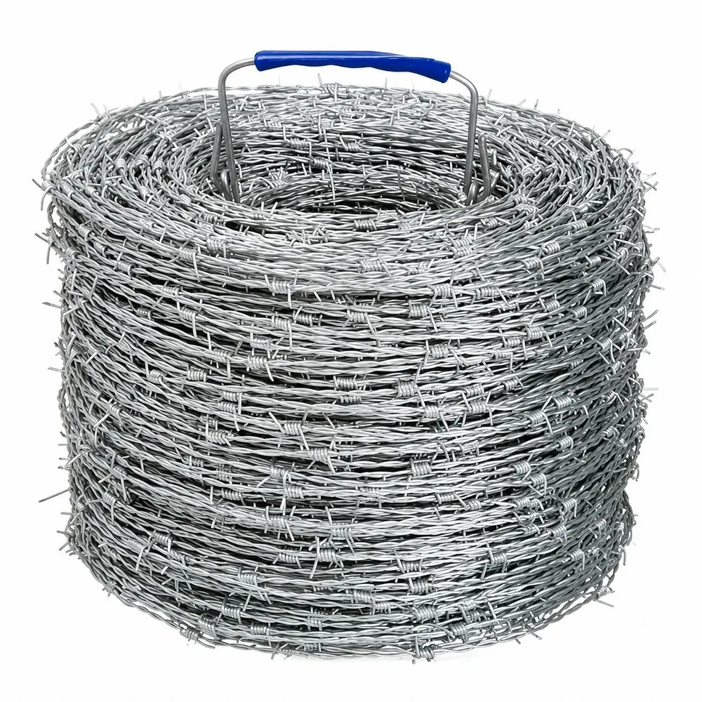 Coil of galvanised barbed wire with a carry handle