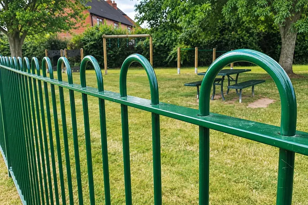 Close view of curved tops and vertical bars on green steel railings