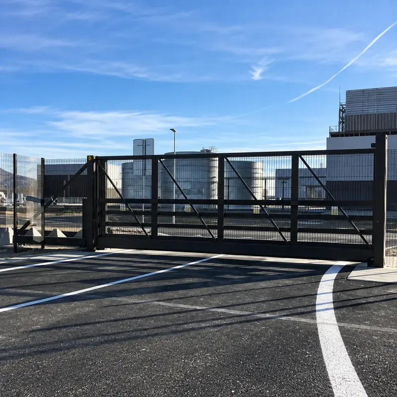 Black cantilever sliding gate across an industrial entrance