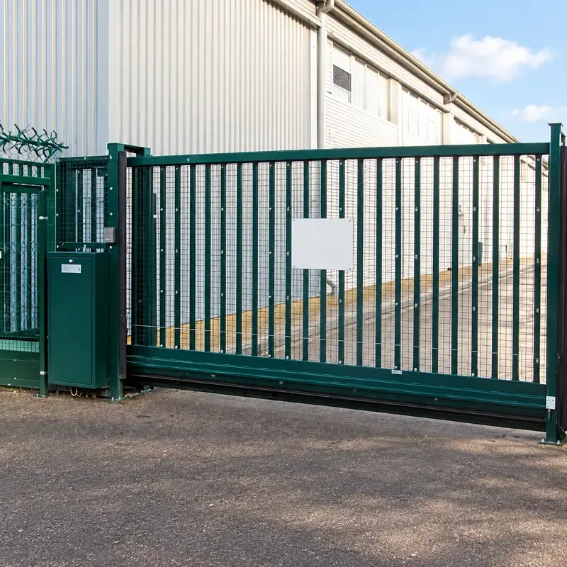 Green trackless sliding gate with vertical-bar infill
