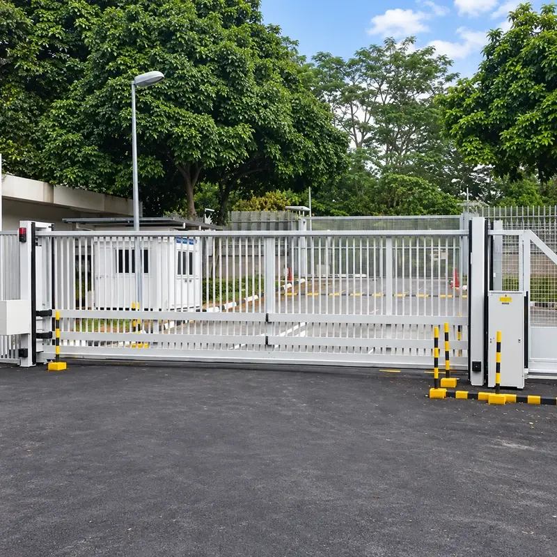 White cantilever sliding gate at a vehicle entrance