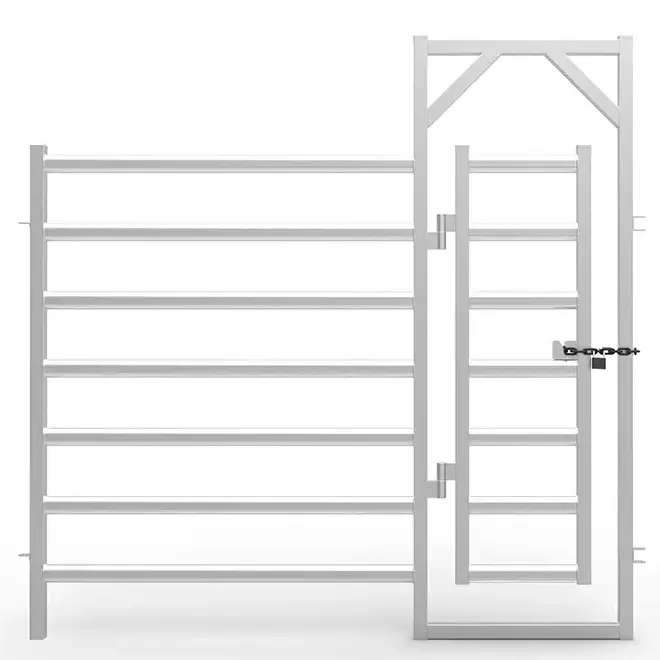 Product rendering of a cattle yard panel with a pedestrian access gate