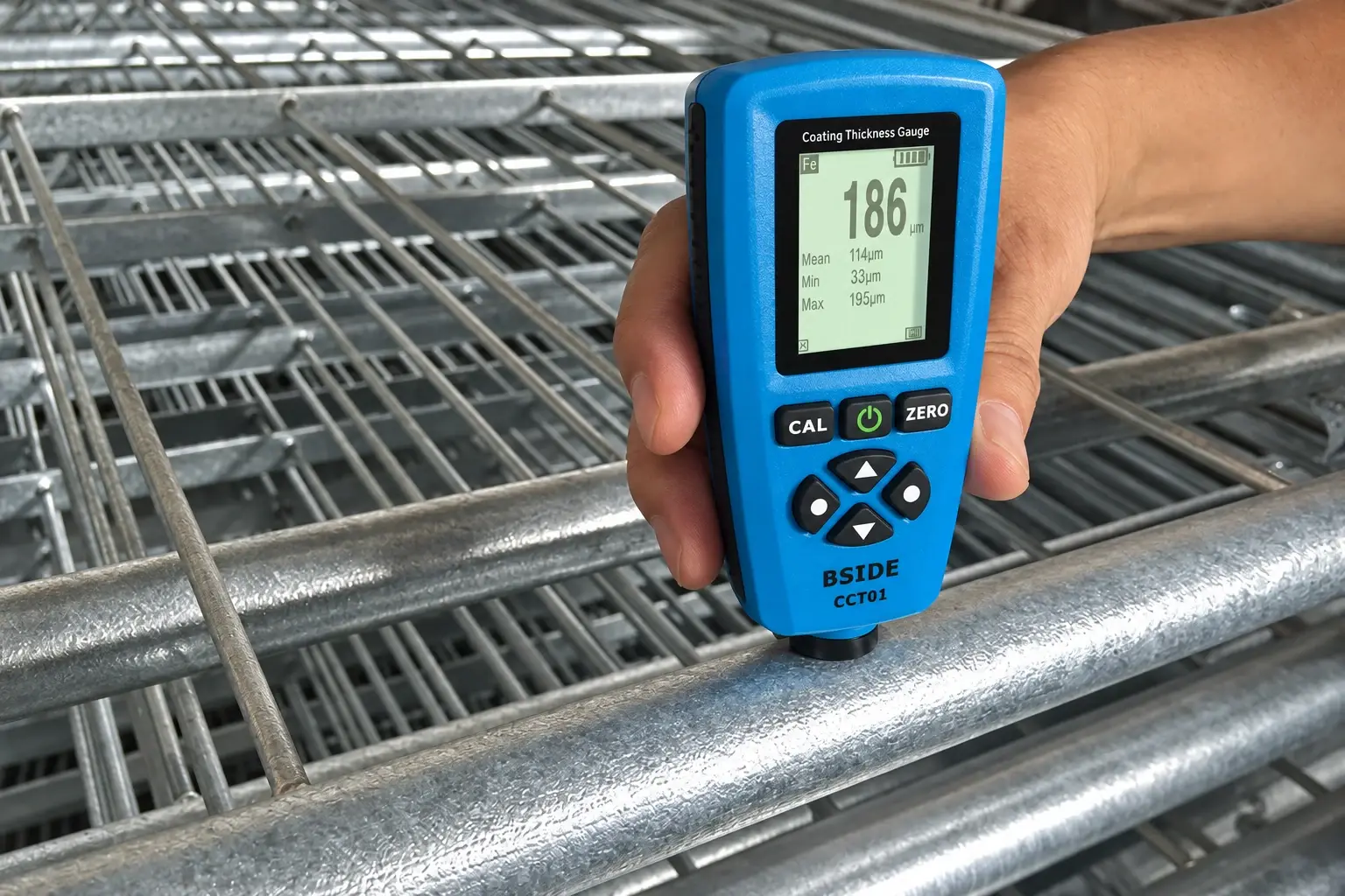 Blue coating-thickness gauge on a galvanised tube of a mesh gate