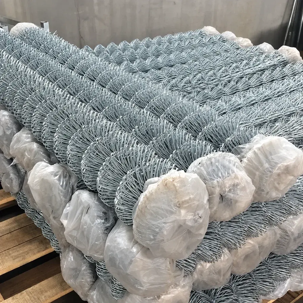 Stacked galvanised chain link rolls with protective wrapping at the ends