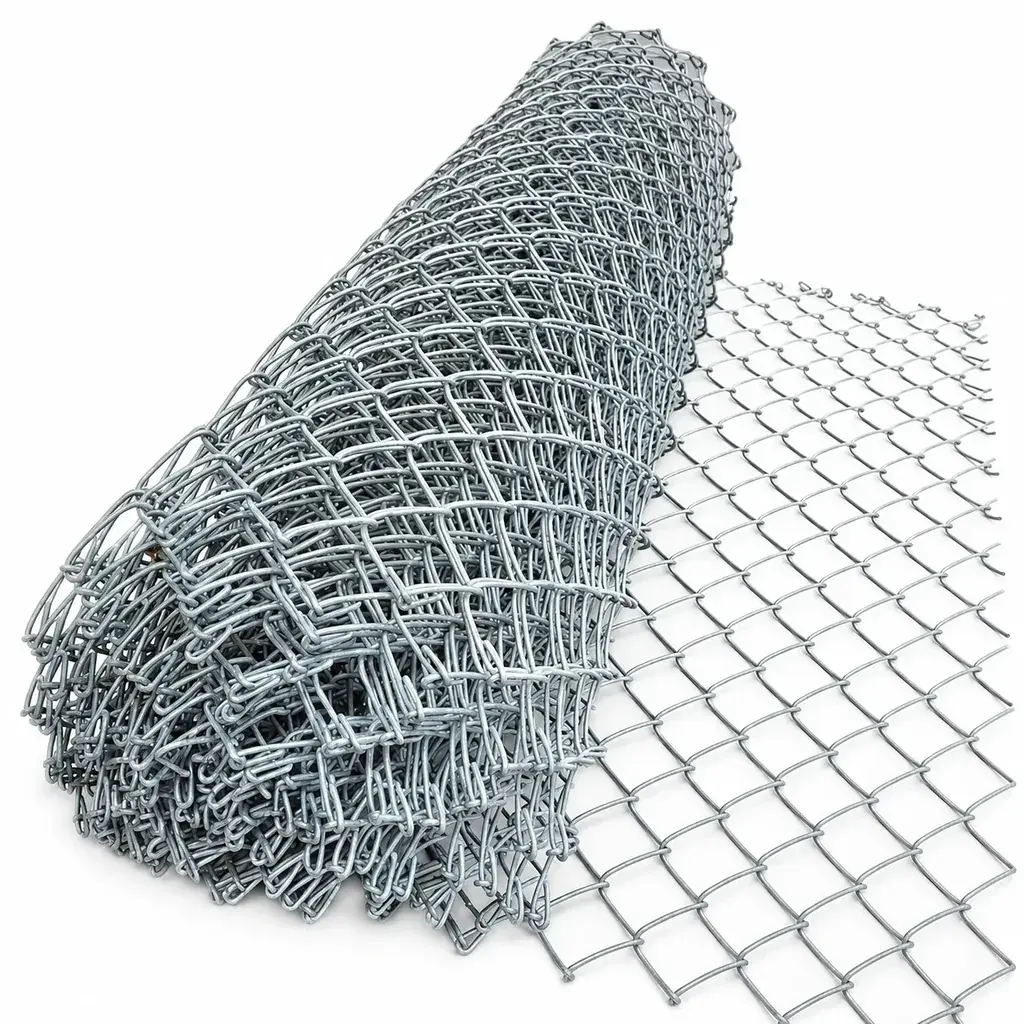 Galvanised chain link roll with an unrolled section of diamond mesh
