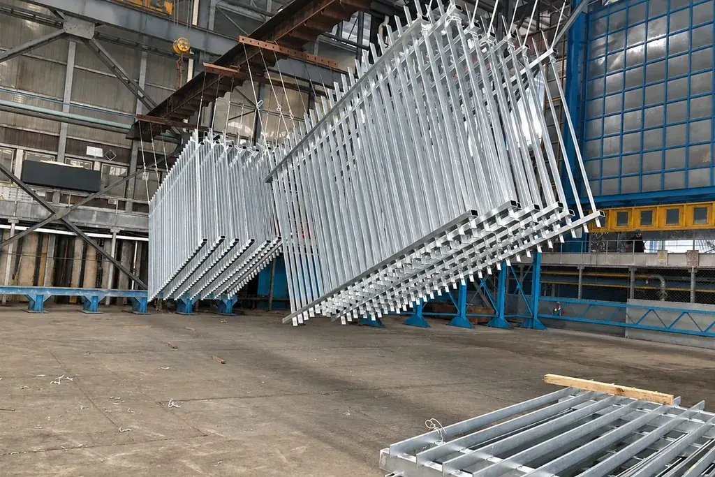 Silver metal fence sections suspended inside an industrial workshop