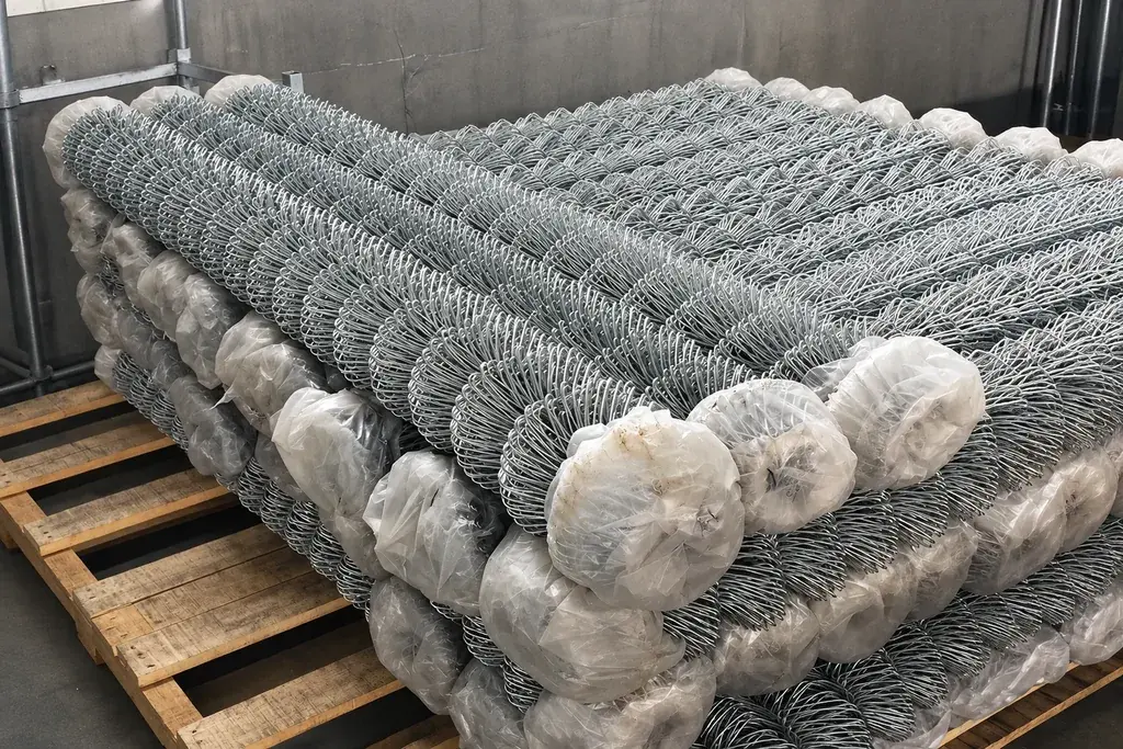 Rolls of galvanised chain-link mesh stacked on wooden pallets