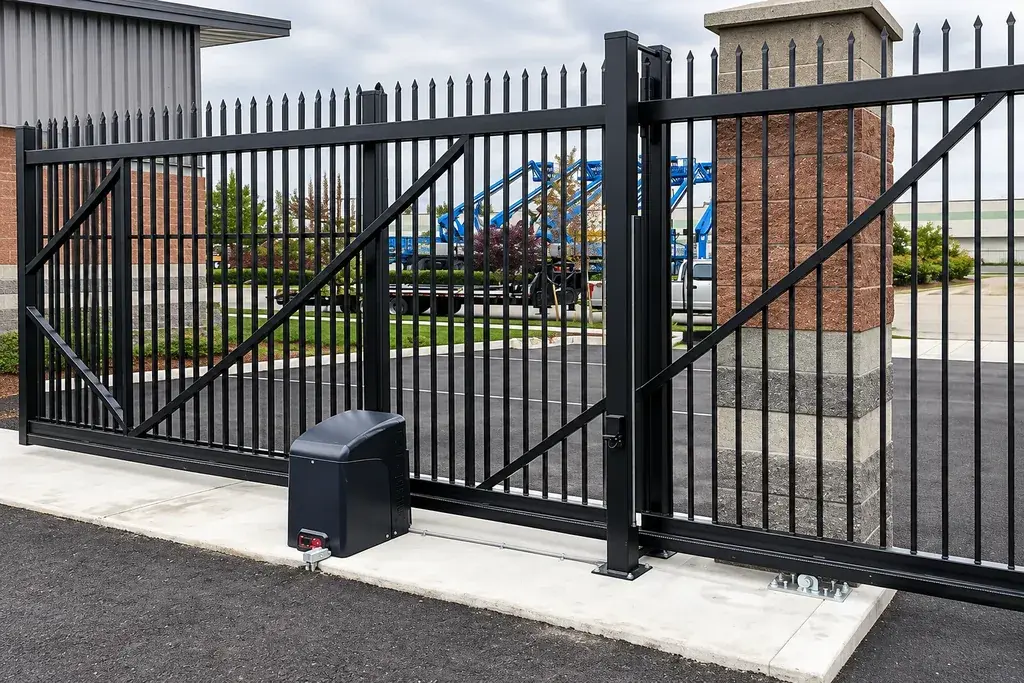 Black metal gate with diagonal bracing at a paved entrance