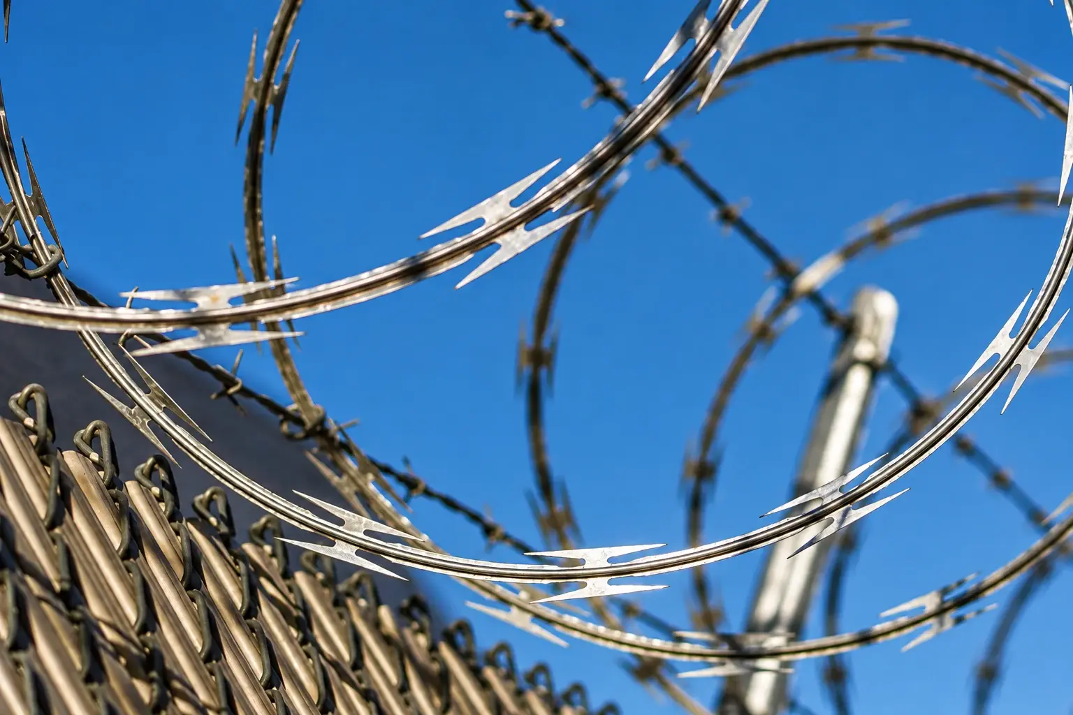 Coiled razor wire above a chain-link fence