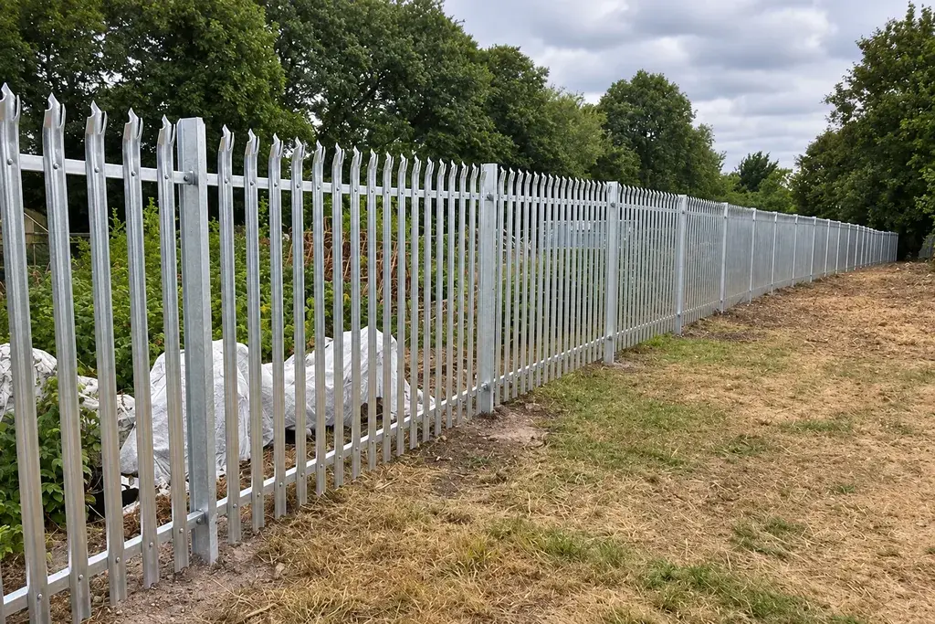 Galvanised palisade fence along a grassy boundary