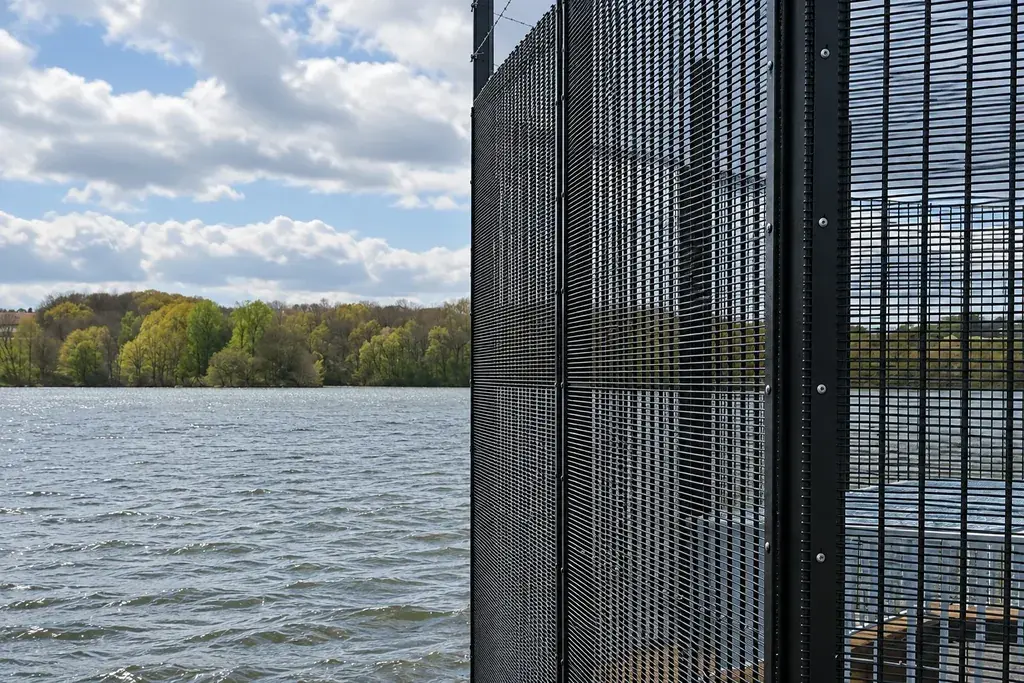 Tall black close-mesh fence beside a lake