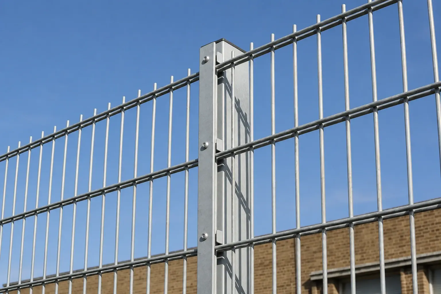 Galvanised double-wire mesh panel attached to a metal post