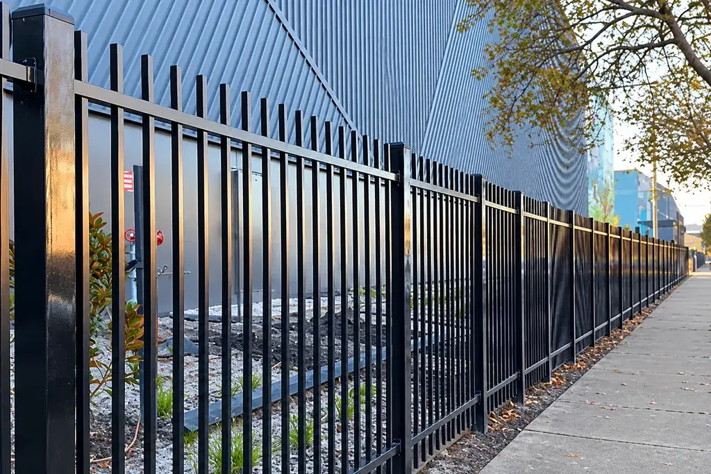 Black steel fence beside a commercial building and paved footpath