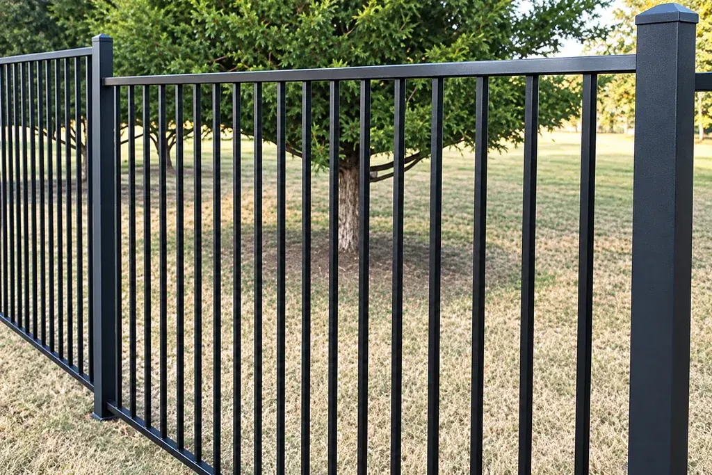 Close view of black flat top steel railings and vertical bars