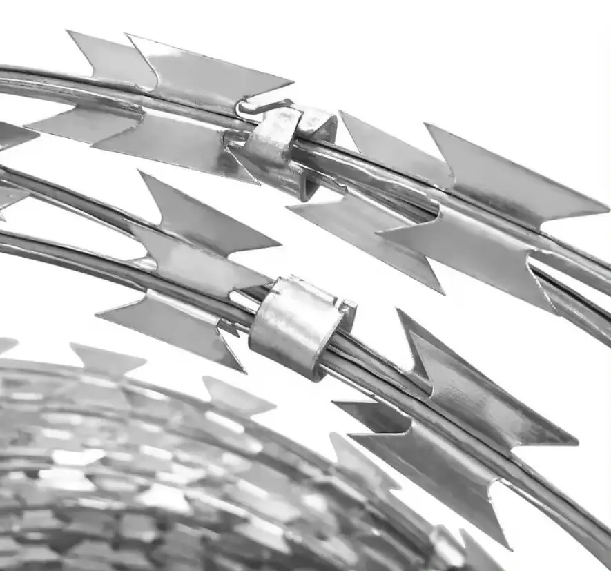 Close-up of galvanised razor tape blades and core wire