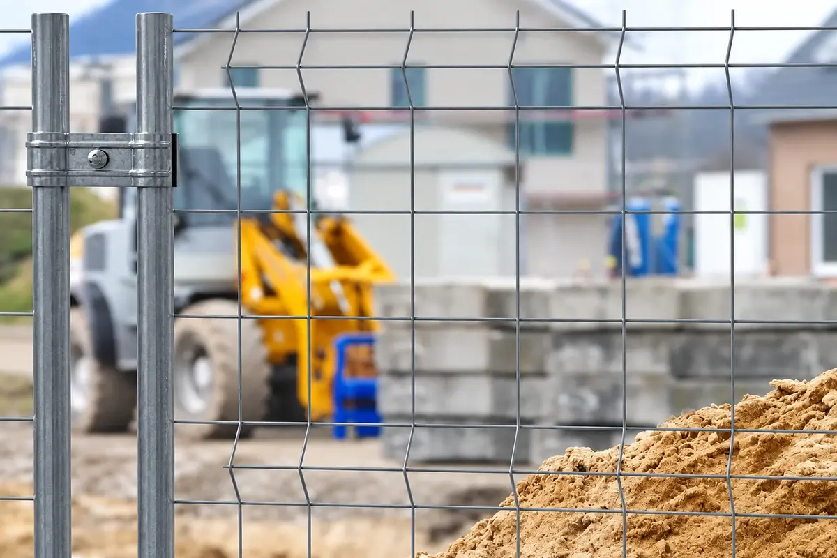Temporary mesh fencing beside an excavator and active building work.