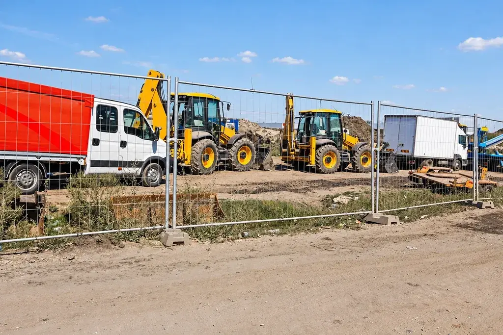 Construction vehicles and equipment behind a temporary site fence.