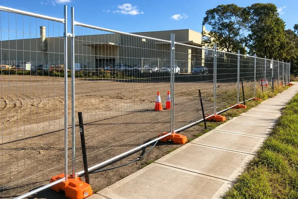 Temporary metal fence panels supported by orange bases beside a path.