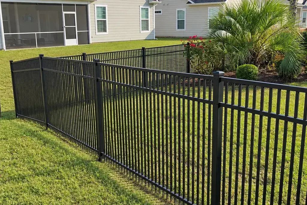 Black metal fence panels and posts enclosing a residential lawn