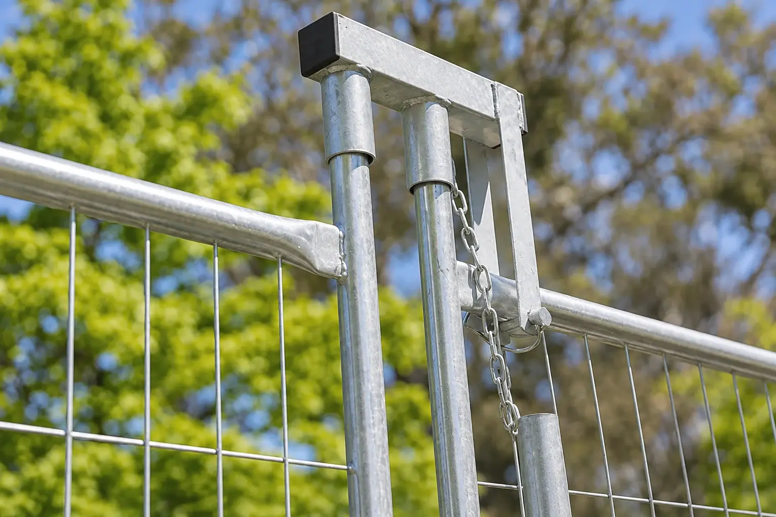 Galvanised gate connection between two temporary mesh fence frames