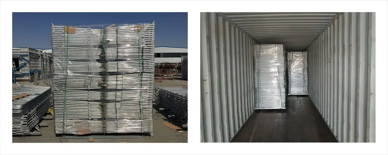 Packed steel crowd control barriers and a loaded shipping container