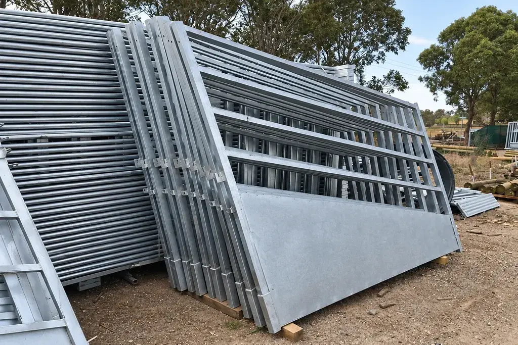 Stacked galvanised gates with horizontal rails and solid lower panels
