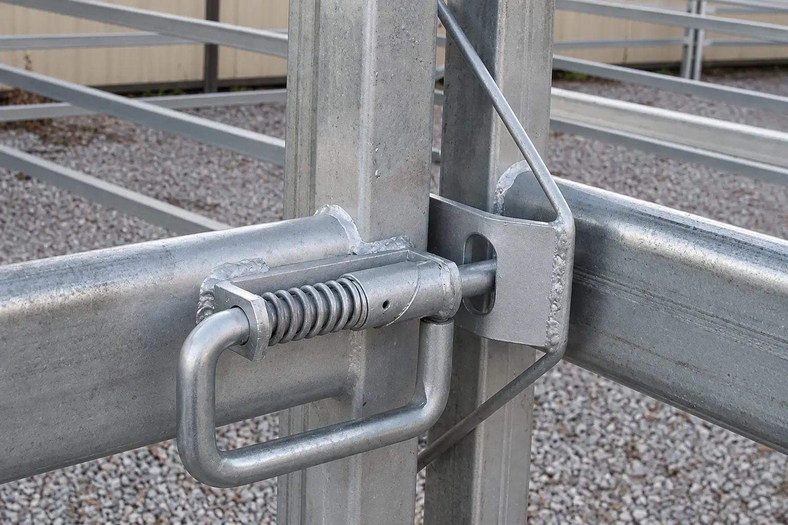 Galvanised spring-loaded gate latch aligned with a receiver on the adjoining post