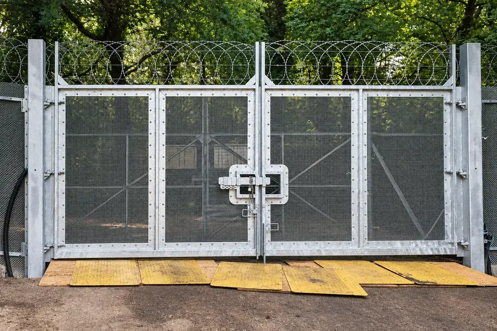 Closed double-leaf metal mesh gate at a perimeter entrance.
