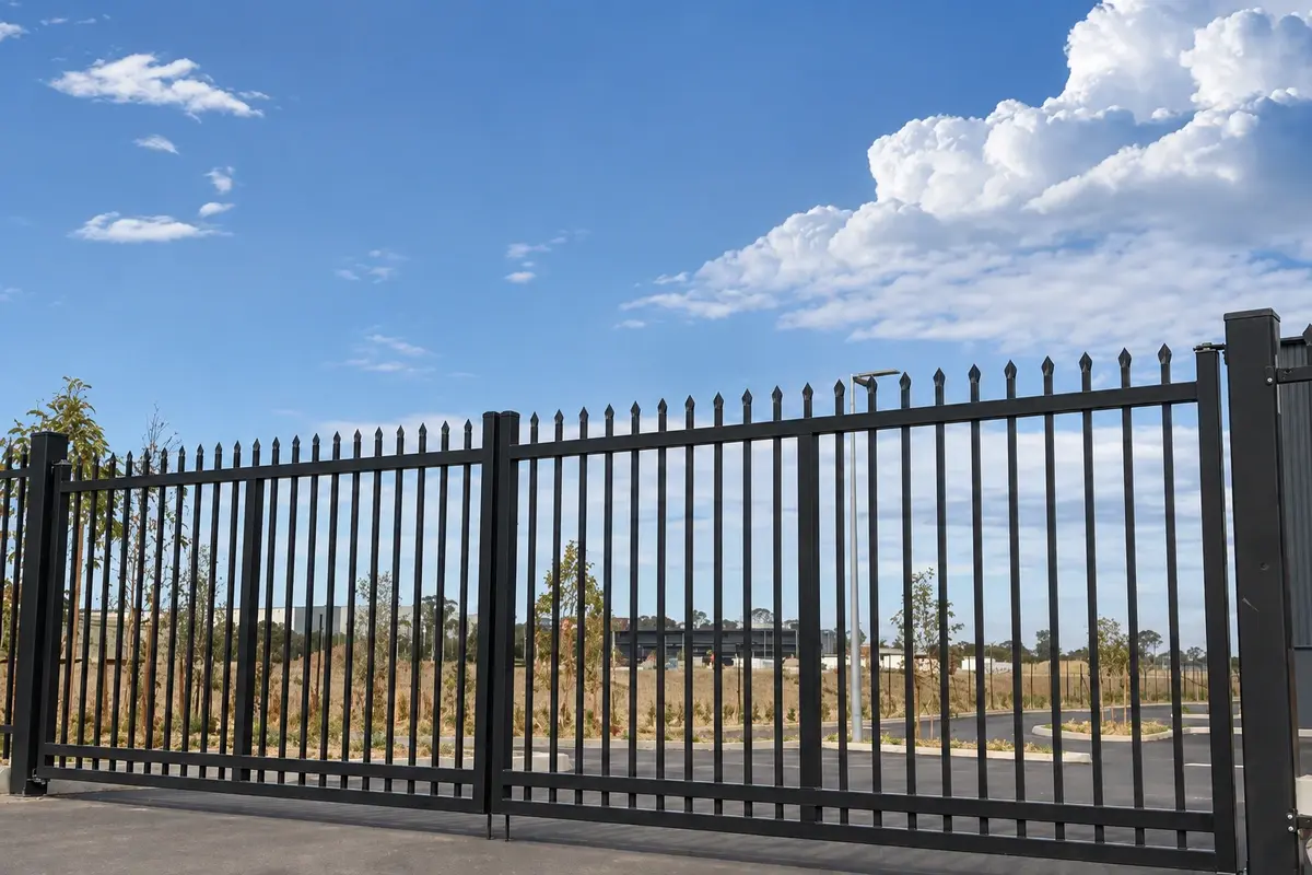 Installed black double leaf steel swing gate between fence posts