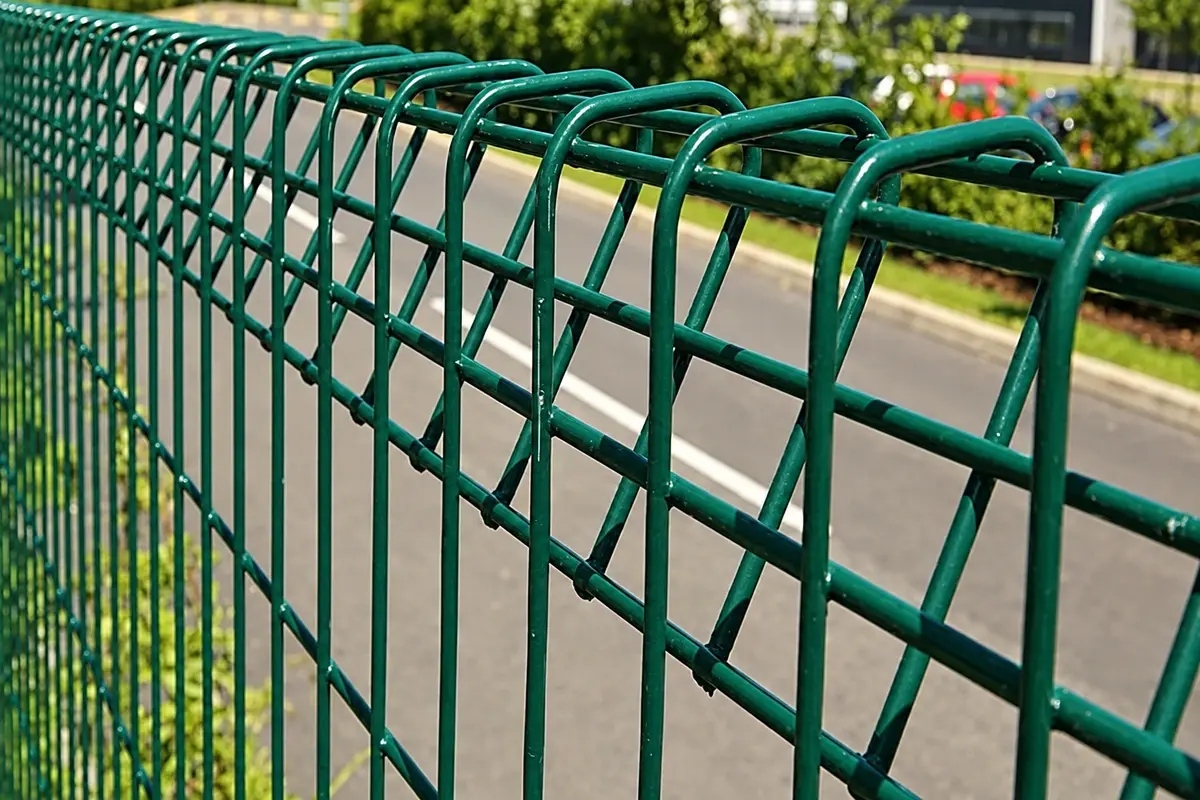 Installed green rigid welded mesh fence viewed along its top edge