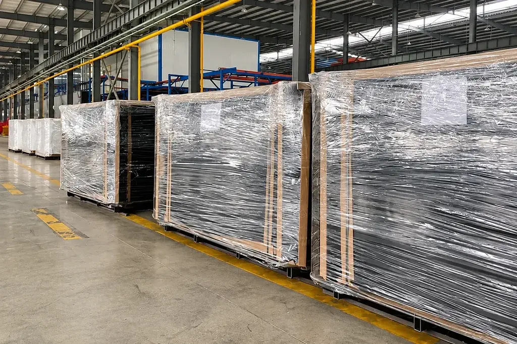 Wrapped fence material bundles grouped on pallets in a warehouse