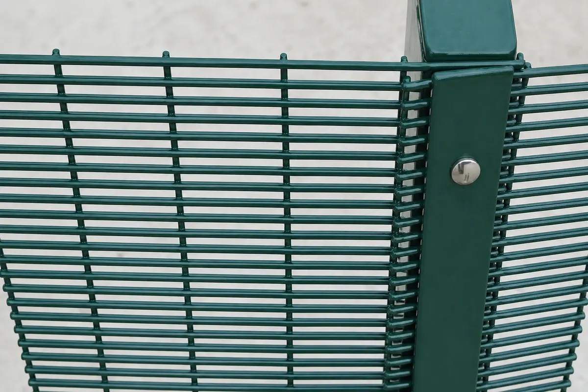Close-spaced mesh meeting a green post with a bolted clamp bar