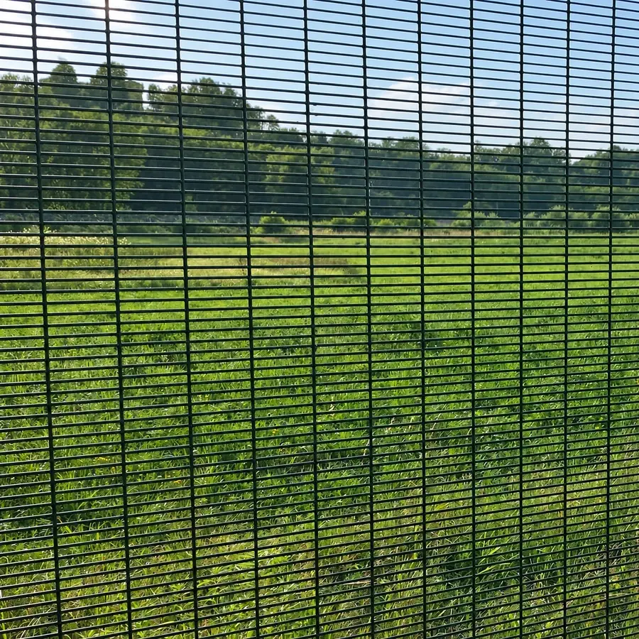 View across grass through a close-spaced mesh panel