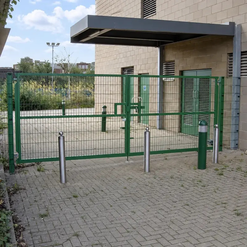 Green double-leaf twin-wire vehicle gate at a site entrance