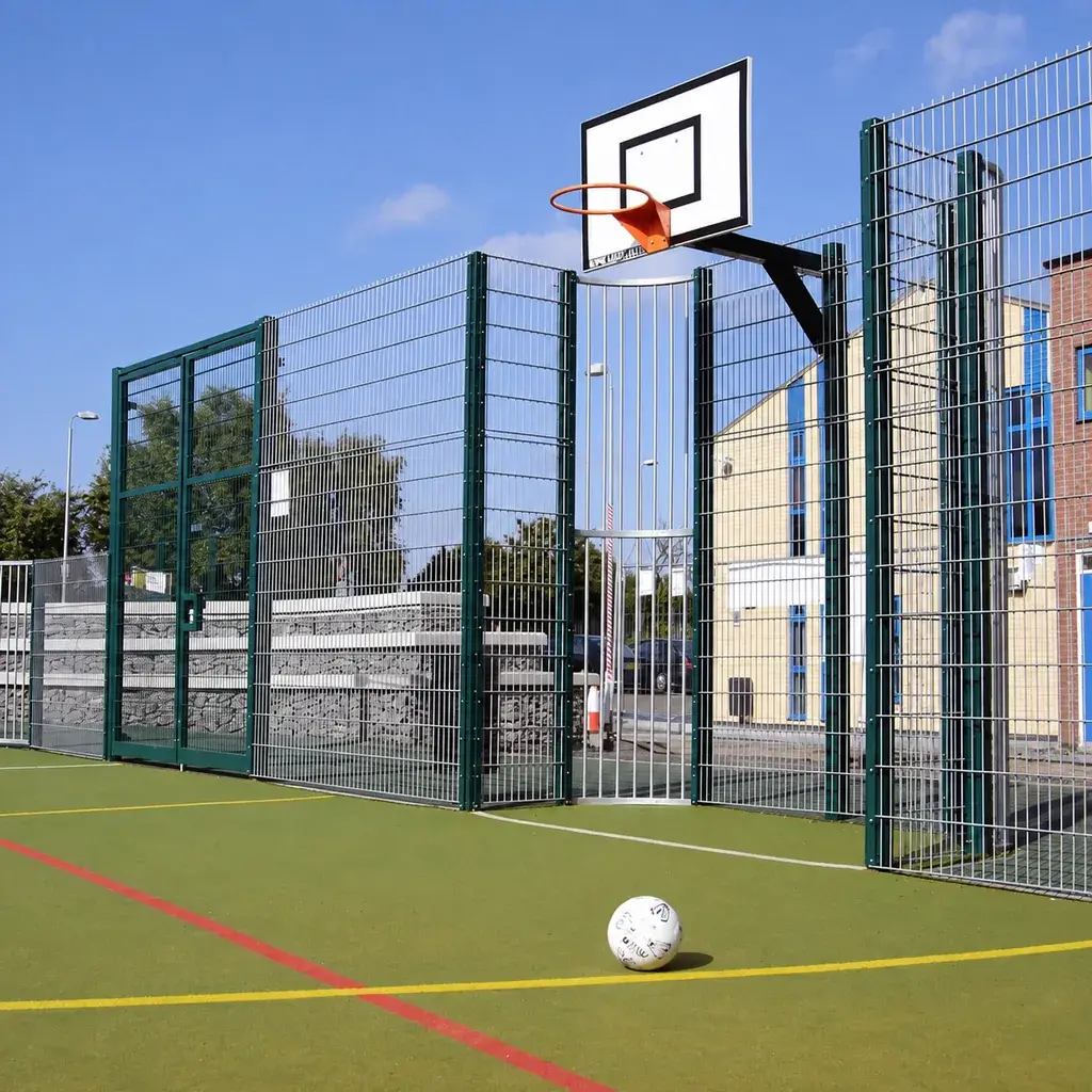 Tall mesh sports fencing enclosing a basketball games area