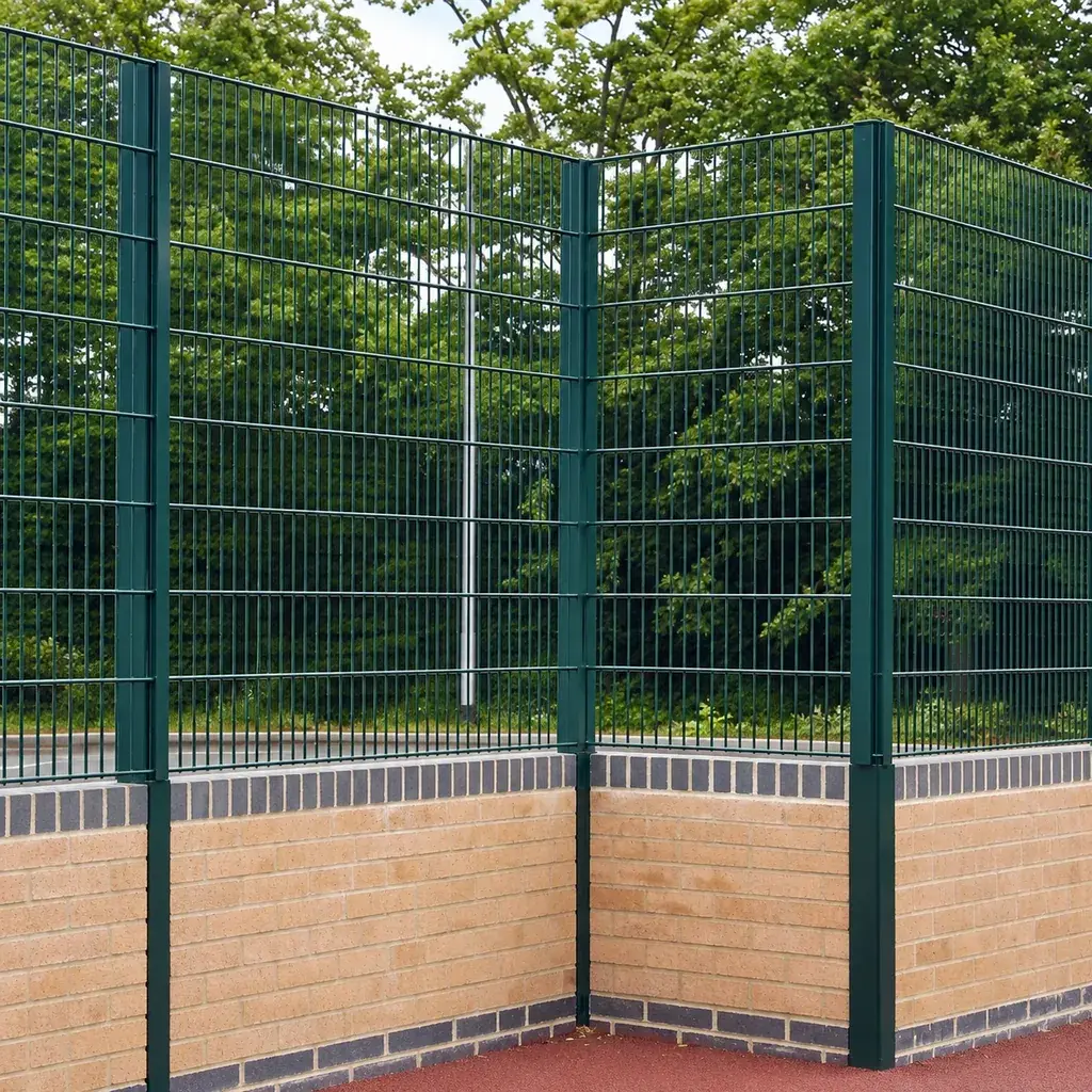 Twin wire sports fence enclosing a hard court
