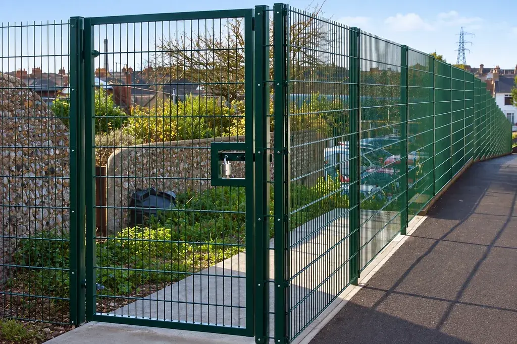 Pedestrian gate set into a twin wire fence run