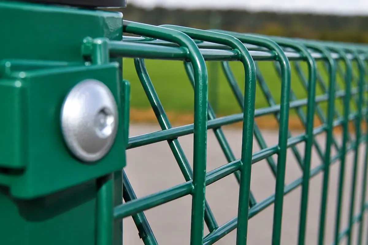 Green rigid mesh panel fixed to a square post with a visible bolt