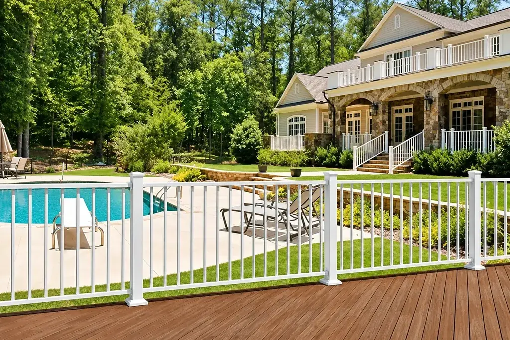 White metal fence with regularly spaced posts around a pool