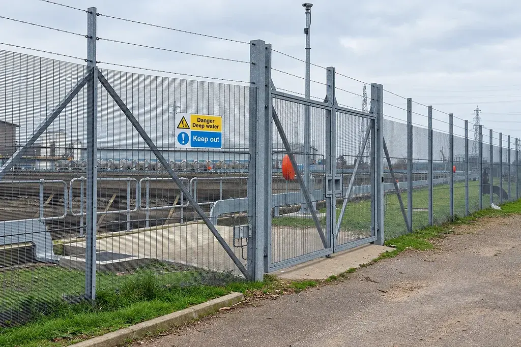 Metal mesh fence and gate around an electrical equipment compound
