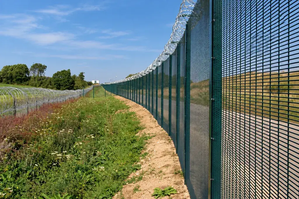 Long run of tall green security mesh beside a gravel access track