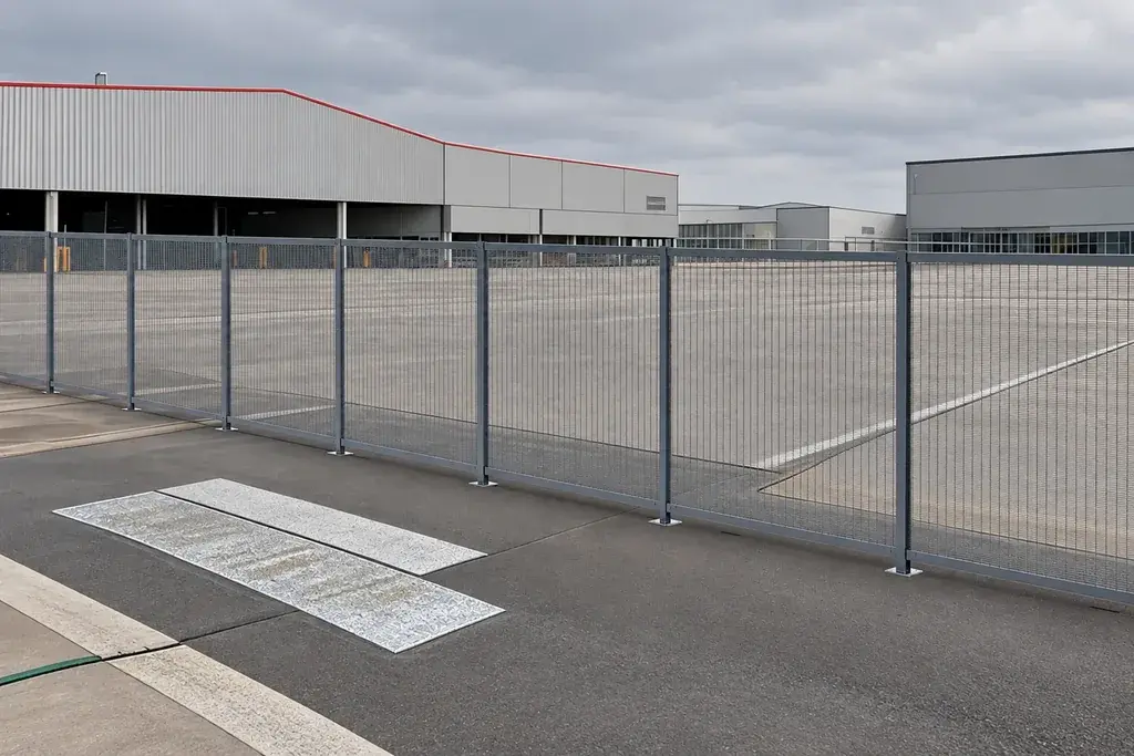 Grey metal mesh fence separating a paved service yard