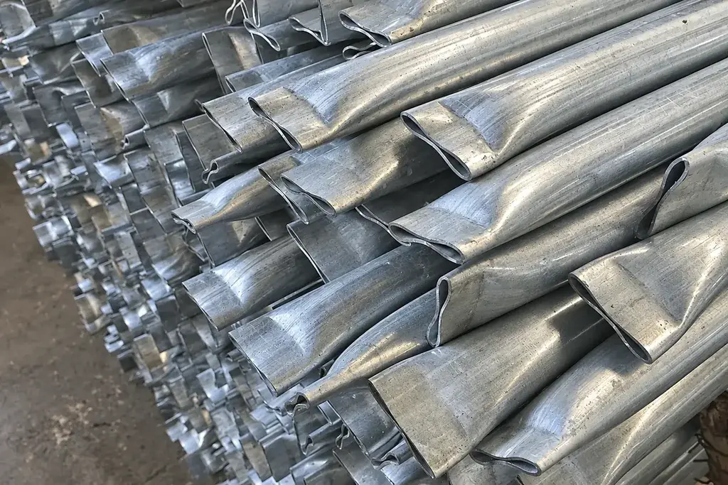 Galvanised steel tubes with shaped and flattened ends stacked together
