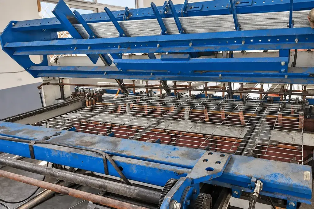 Wire mesh panel passing through a multi-electrode welding machine