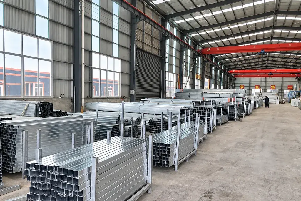 Bundles of square steel sections arranged along a production workshop aisle