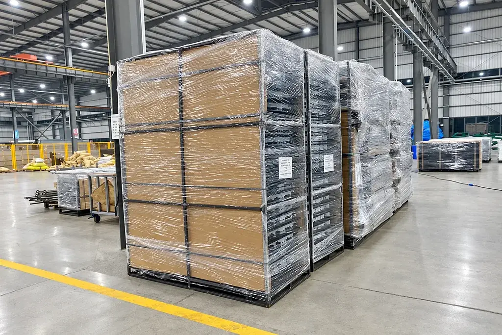 Metal fence products protected with cardboard and stretch wrap on transport pallets
