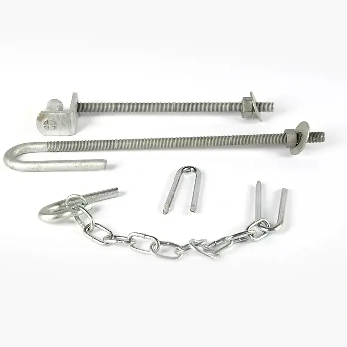 Bolt-through farm gate hinge set with threaded fittings and chain