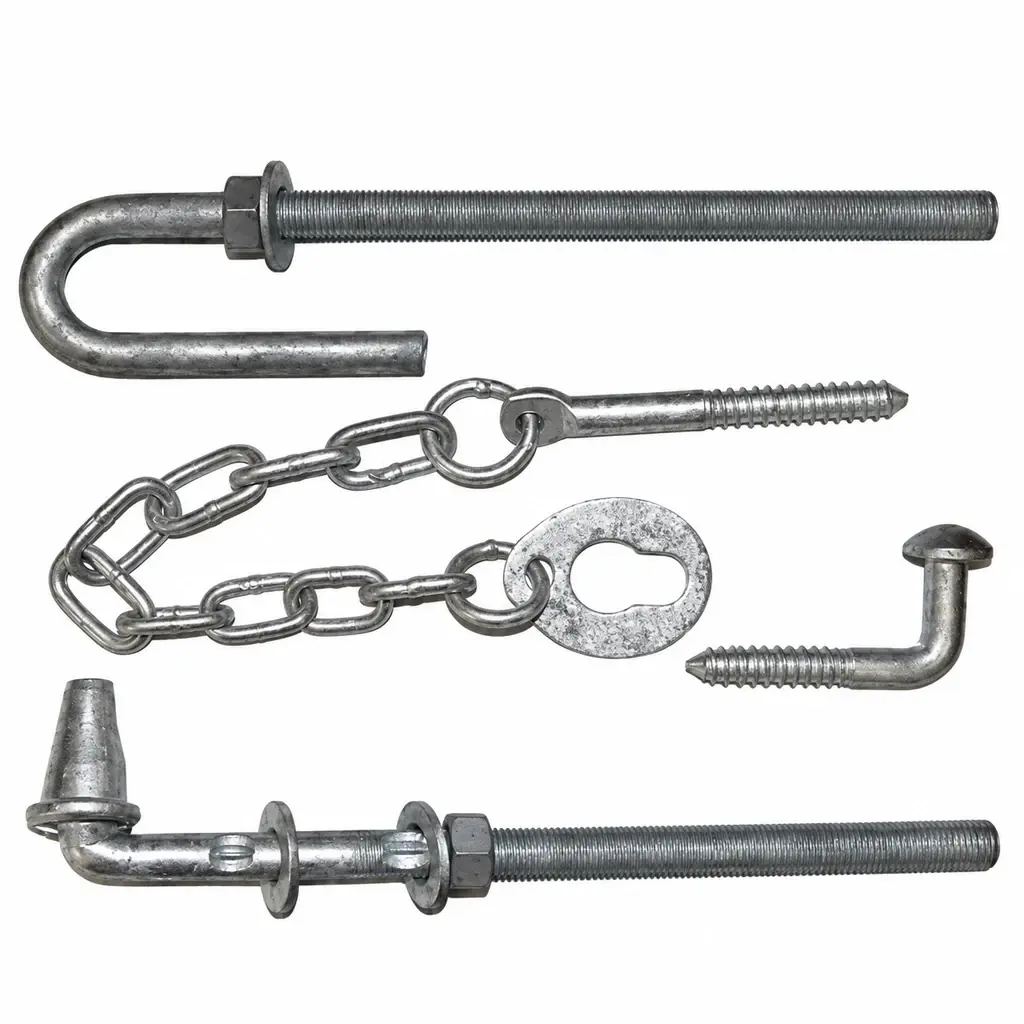 Threaded gate hinge pins and chain latch components on a white background
