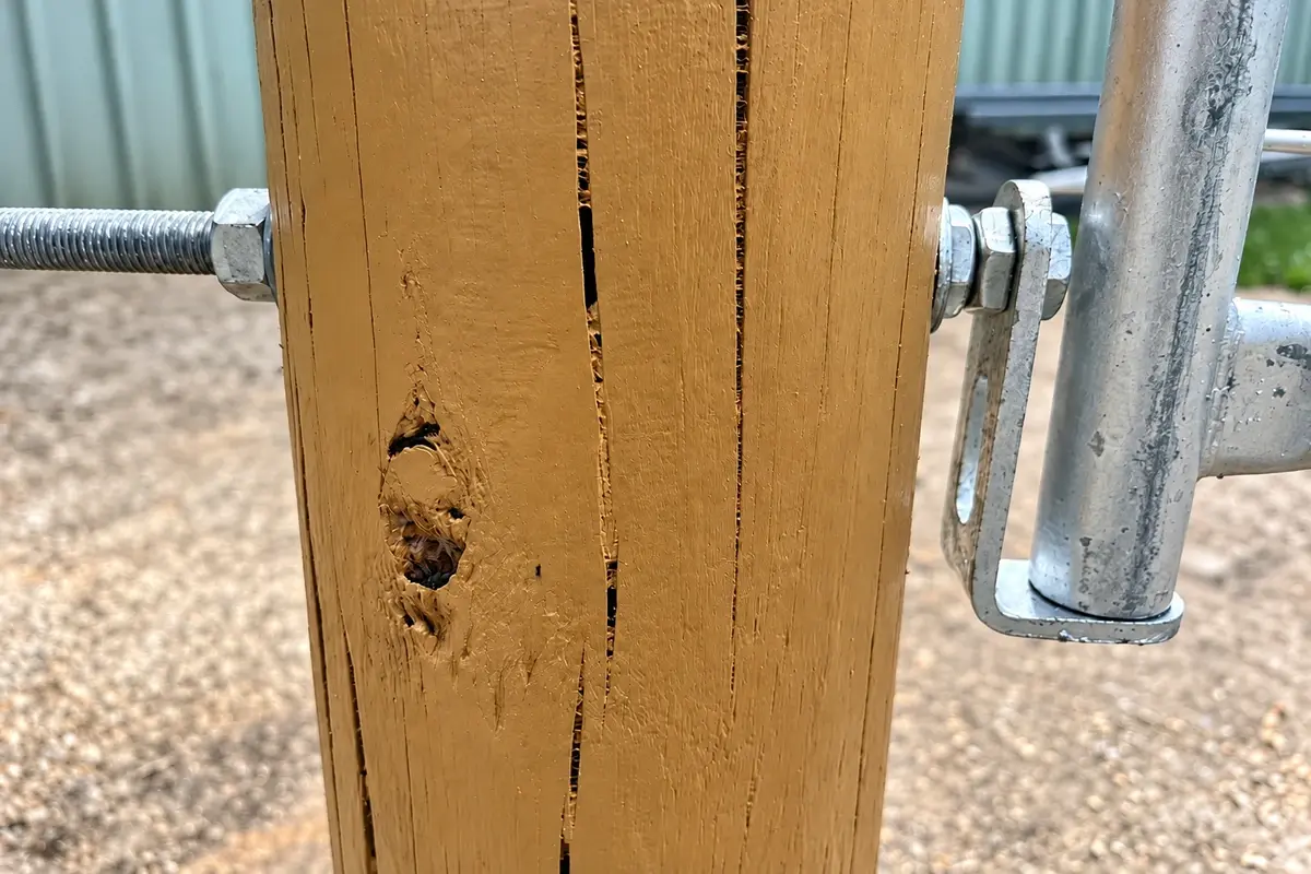 Threaded gate hinge bolted through a timber post and supporting a tubular gate frame