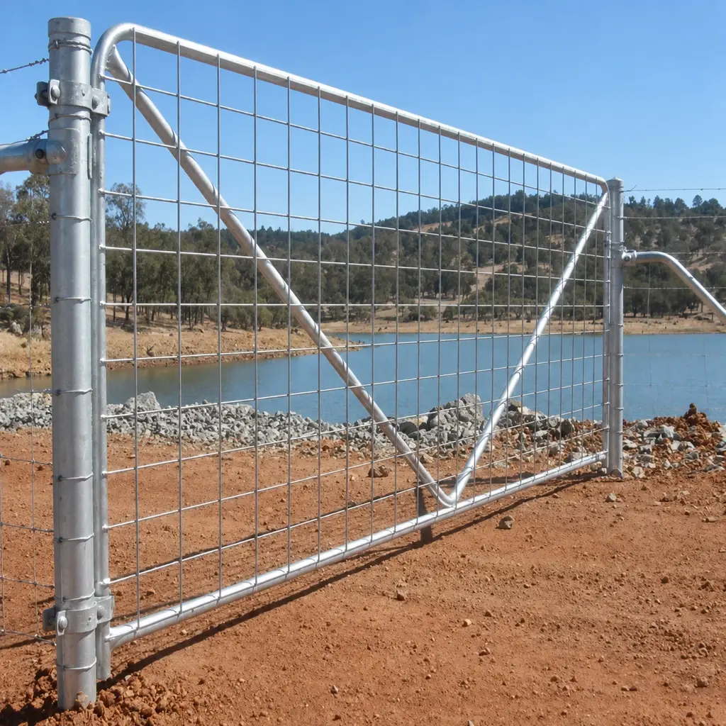 Galvanised mesh farm gate with a V brace beside a pond